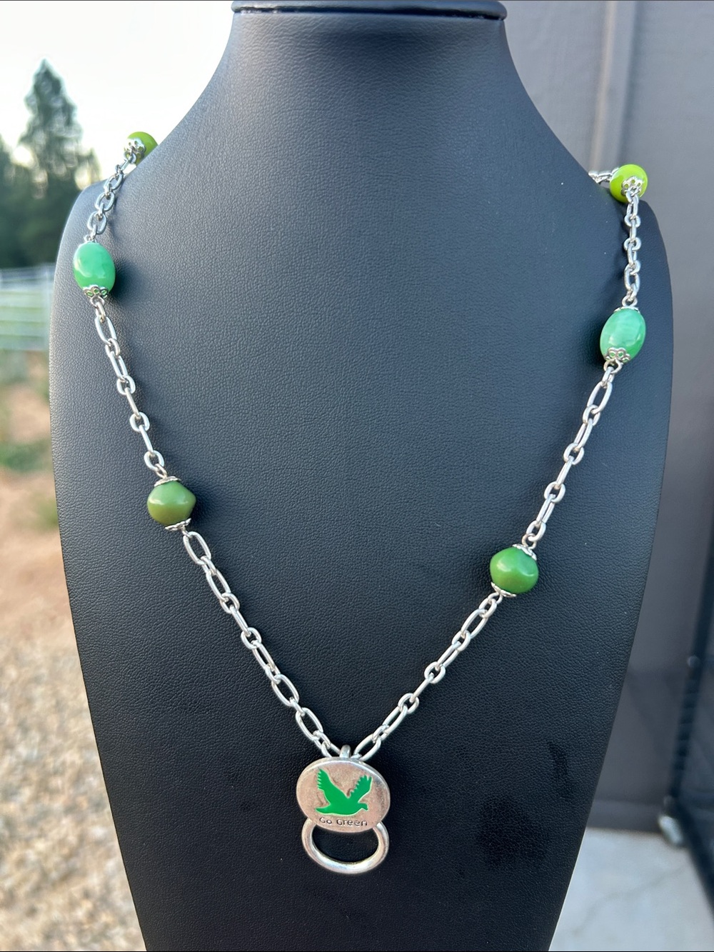 Green Stone Bead Silver Chain Necklace with Bird Go Green Pendant